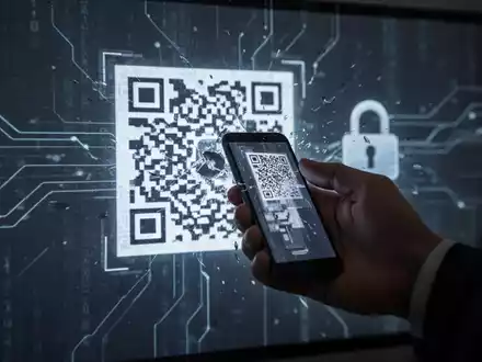 Eine Hand hält ein Smartphone, das einen QR-Code scannt, der auf eine digitale Oberfläche projiziert wird, mit Andeutungen von Cyberbedrohungen. - Foto: über boerse-global.de