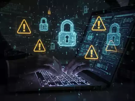 Hands typing on a laptop, with digital lock icons and warning symbols on the screen, symbolizing cybercrime and fraud. - Foto: über boerse-global.de