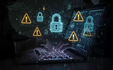 Hands typing on a laptop, with digital lock icons and warning symbols on the screen, symbolizing cybercrime and fraud. - Foto: über boerse-global.de