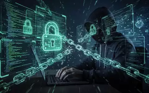 A shadowy figure in a hoodie typing on a laptop, surrounded by glowing holographic screens displaying code and breaking digital chains. - Foto: über boerse-global.de