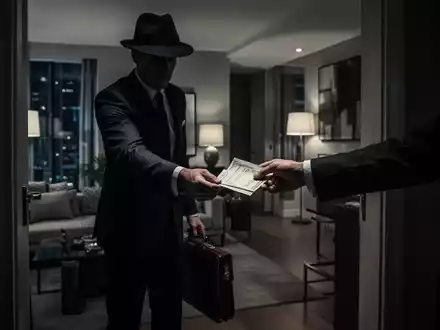 A shadowy figure in a suit and fedora exchanging an envelope of cash with another hand in a dimly lit doorway. - Foto: über boerse-global.de