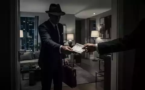 A shadowy figure in a suit and fedora exchanging an envelope of cash with another hand in a dimly lit doorway. - Foto: über boerse-global.de