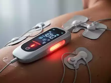 Nahaufnahme eines modernen TENS/EMS-Geräts mit Wärmefunktion, Elektroden auf der Haut, das Schmerzlinderung und Technologie symbolisiert. - Foto: über boerse-global.de