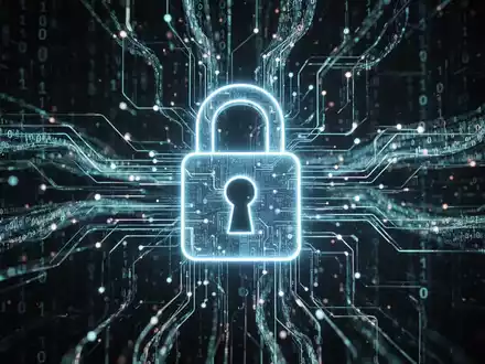A digital padlock icon overlaid on a complex network of glowing data streams and binary code, symbolizing cybersecurity threats. - Foto: über boerse-global.de