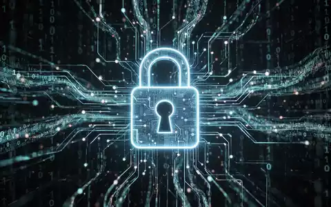 A digital padlock icon overlaid on a complex network of glowing data streams and binary code, symbolizing cybersecurity threats. - Foto: über boerse-global.de