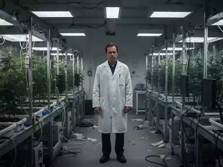 Ein traurig aussehender Wissenschaftler in einem teilweise leeren, schlecht beleuchteten High-Tech-Agrarforschungslabor. - Foto: über boerse-global.de