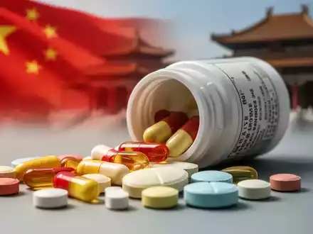 Nahaufnahme von Vitaminkapseln und -tabletten, einige verschüttet, mit angedeuteter chinesischer Flagge im Hintergrund. - Foto: über boerse-global.de
