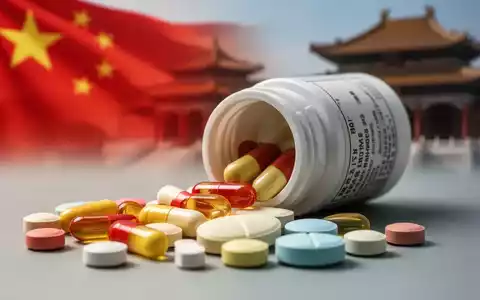 Nahaufnahme von Vitaminkapseln und -tabletten, einige verschüttet, mit angedeuteter chinesischer Flagge im Hintergrund. - Foto: über boerse-global.de