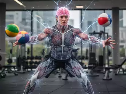 Eine Person jongliert Bälle, um die Gehirn-Muskel-Verbindung zu stärken, umgeben von stilisierten neuronalen Pfaden. - Foto: über boerse-global.de