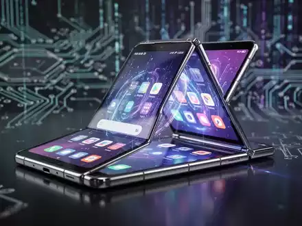 A futuristic foldable smartphone, partially open, displaying a vibrant user interface with abstract tech elements in the background. - Foto: über boerse-global.de