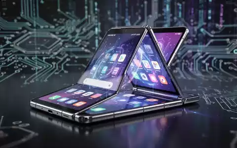 A futuristic foldable smartphone, partially open, displaying a vibrant user interface with abstract tech elements in the background. - Foto: über boerse-global.de