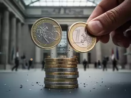 Eine Hand reduziert einen Stapel deutscher Euro-Münzen. Im Hintergrund ein unscharfes Regierungsgebäude, das Haushaltskürzungen symbolisiert. - Foto: über boerse-global.de