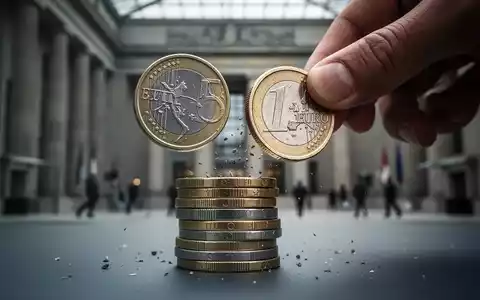 Eine Hand reduziert einen Stapel deutscher Euro-Münzen. Im Hintergrund ein unscharfes Regierungsgebäude, das Haushaltskürzungen symbolisiert. - Foto: über boerse-global.de