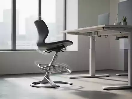Ein moderner, ergonomischer Sitz-Steh-Hocker an einem höhenverstellbaren Schreibtisch in einem minimalistischen Büroraum. - Foto: über boerse-global.de