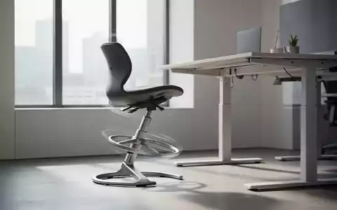 Ein moderner, ergonomischer Sitz-Steh-Hocker an einem höhenverstellbaren Schreibtisch in einem minimalistischen Büroraum. - Foto: über boerse-global.de