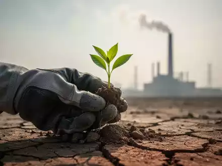 Eine behandschuhte Hand hält einen grünen Pflanzenspross, der aus trockener Erde wächst, mit einer Fabrik im verschwommenen Hintergrund. - Foto: über boerse-global.de