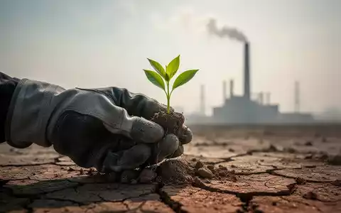 Eine behandschuhte Hand hält einen grünen Pflanzenspross, der aus trockener Erde wächst, mit einer Fabrik im verschwommenen Hintergrund. - Foto: über boerse-global.de