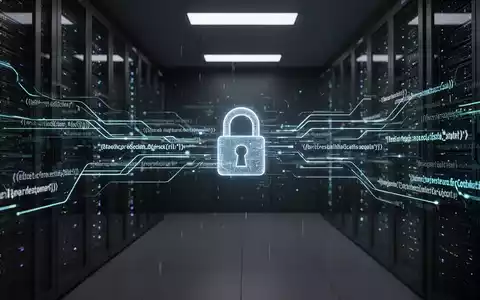 Abstrakte Darstellung digitaler Sicherheit mit leuchtenden Codezeilen und einem stilisierten Vorhängeschloss in einem dunklen Serverraum. - Foto: über boerse-global.de