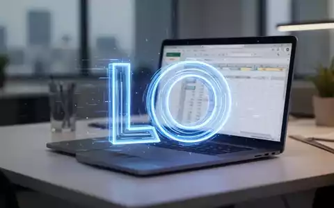 A glowing blue LibreOffice icon overlaid on a blurred image of a laptop displaying spreadsheet software on an office desk. - Foto: über boerse-global.de