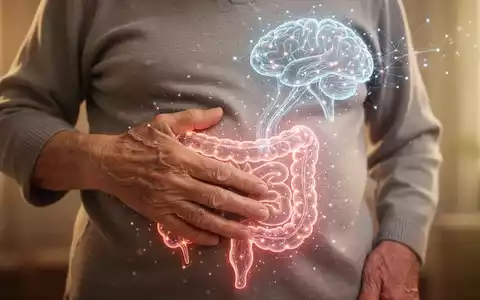 Eine Ă€ltere Person berĂŒhrt ihren Bauch, mit einer angedeuteten, leuchtenden neuronalen Verbindung zwischen Darm und Gehirn. - Foto: ĂŒber boerse-global.de