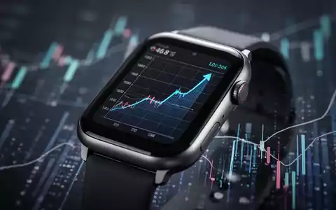 Nahaufnahme einer Smartwatch, die einen aufsteigenden Finanzgraphen anzeigt, mit abstrakten Datenmustern im Hintergrund. - Foto: über boerse-global.de
