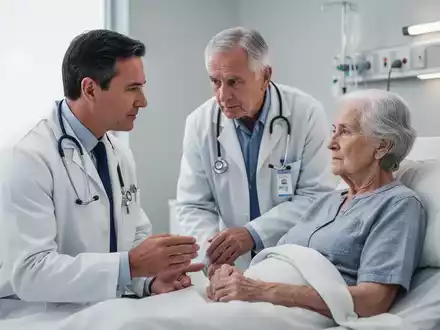 Ein einfühlsamer Arzt im weißen Kittel spricht mit einer älteren Patientin in einem modernen Krankenhauszimmer, das Vertrauen und Fürsorge ausstrahlt. - Foto: über boerse-global.de