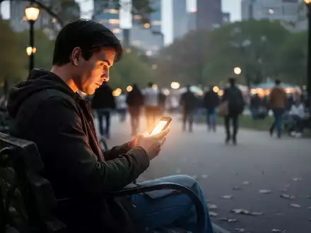 Eine Person sitzt auf einer Parkbank und blickt auf ein leuchtendes Smartphone, symbolisch für digitale Hilfe gegen Einsamkeit. - Foto: über boerse-global.de