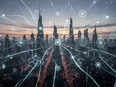 An abstract digital network with glowing lines and geometric shapes, symbolizing AI agents and enterprise connectivity over a futuristic cityscape. - Foto: über boerse-global.de