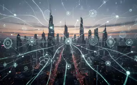 An abstract digital network with glowing lines and geometric shapes, symbolizing AI agents and enterprise connectivity over a futuristic cityscape. - Foto: über boerse-global.de
