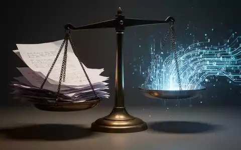 Eine digitale Waage mit Papierdokumenten auf der einen Seite und einem digitalen Datenstrom auf der anderen, der die E-Bilanz darstellt. - Foto: über boerse-global.de
