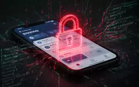 Ein bedrohliches, rot leuchtendes digitales Schloss-Symbol über einem Smartphone-Bildschirm mit Banking-Apps, umgeben von Code. - Foto: über boerse-global.de