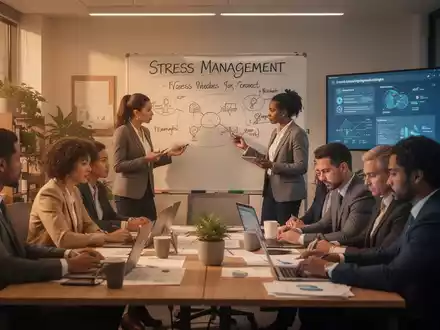 Eine Gruppe von Fachleuten nimmt an einem Workshop zum Thema Stressmanagement in einem modernen Büro teil, mit einem Fokus auf Prävention und Resilienz. - Foto: über boerse-global.de