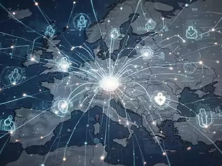 Digital network lines and glowing nodes overlaying a map of Europe, symbolizing digital public health, AI, and data flow. - Foto: über boerse-global.de
