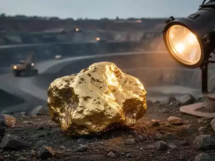Ein glänzender Goldklumpen im Vordergrund, mit einer unscharfen Aufnahme eines Tagebaus im Hintergrund, der Rohstoffe und Bergbau darstellt. - Foto: über boerse-global.de