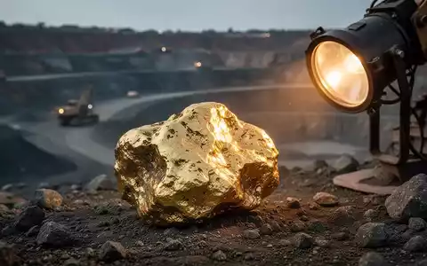 Ein glänzender Goldklumpen im Vordergrund, mit einer unscharfen Aufnahme eines Tagebaus im Hintergrund, der Rohstoffe und Bergbau darstellt. - Foto: über boerse-global.de