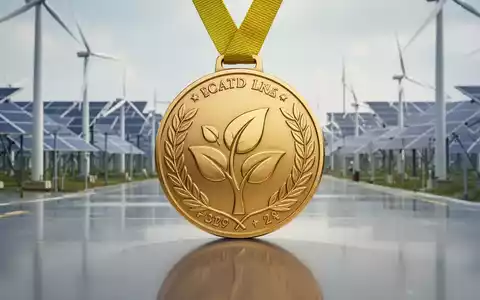 Eine stilisierte goldene Medaille oder Plakette, die Erfolg und Nachhaltigkeit symbolisiert, mit einem unscharfen Hintergrund einer modernen Fabrik. - Foto: über boerse-global.de
