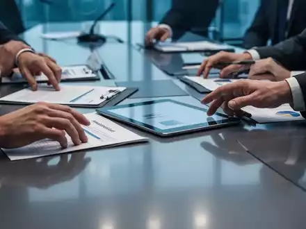 Hände von Vorstandsmitgliedern und Aktionären, die an einem Konferenztisch Dokumente und Tablets prüfen, während einer Hauptversammlung. - Foto: über boerse-global.de