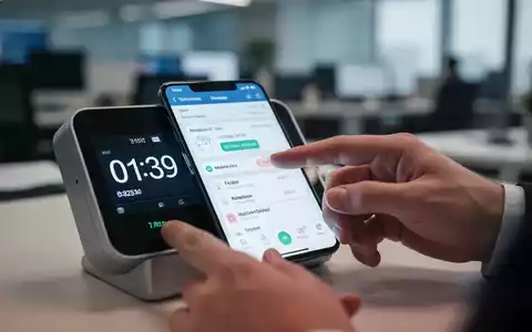 Nahaufnahme einer digitalen Zeiterfassungs-App auf einem Smartphone oder einer Stechuhr, die das Erfassen von Arbeitszeiten symbolisiert. - Foto: über boerse-global.de