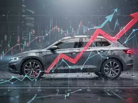 Abstrakte Darstellung des Volkswagen-Geschäftsmodells unter Druck, mit fallenden Pfeilen und einem stilisierten Auto, das finanzielle Herausforderungen symbolisiert. - Foto: über boerse-global.de