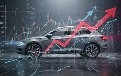 Abstrakte Darstellung des Volkswagen-Geschäftsmodells unter Druck, mit fallenden Pfeilen und einem stilisierten Auto, das finanzielle Herausforderungen symbolisiert. - Foto: über boerse-global.de