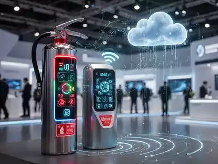 Ein moderner Feuerlöscher mit digitalen Anzeigen und drahtloser Konnektivität in einer futuristischen Messeumgebung. - Foto: über boerse-global.de