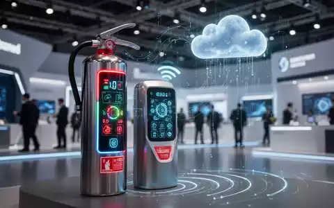 Ein moderner Feuerlöscher mit digitalen Anzeigen und drahtloser Konnektivität in einer futuristischen Messeumgebung. - Foto: über boerse-global.de