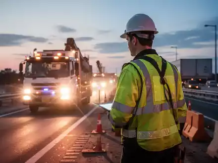 Ein Bauarbeiter in Warnkleidung auf einer Autobahnbaustelle bei Dämmerung, beleuchtet von den Lichtern eines herannahenden Fahrzeugs. - Foto: über boerse-global.de