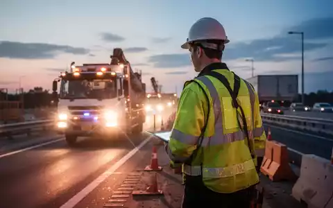 Ein Bauarbeiter in Warnkleidung auf einer Autobahnbaustelle bei Dämmerung, beleuchtet von den Lichtern eines herannahenden Fahrzeugs. - Foto: über boerse-global.de