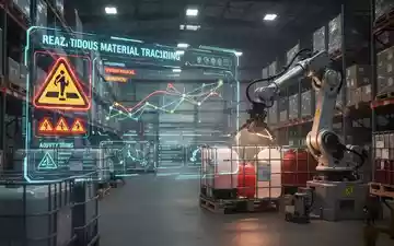 Ein futuristisches Lager mit digitalen Anzeigen, die Gefahrstoff-Standorte und Sicherheitsdaten in Echtzeit verfolgen. - Foto: über boerse-global.de