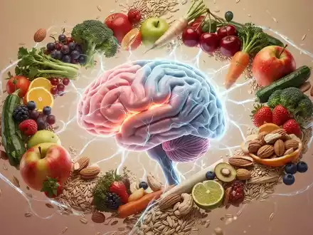 Ein stilisiertes, leuchtendes menschliches Gehirn mit neuralen Bahnen, umgeben von frischem Obst, Gemüse und Nüssen. - Foto: über boerse-global.de