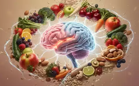 Ein stilisiertes, leuchtendes menschliches Gehirn mit neuralen Bahnen, umgeben von frischem Obst, Gemüse und Nüssen. - Foto: über boerse-global.de