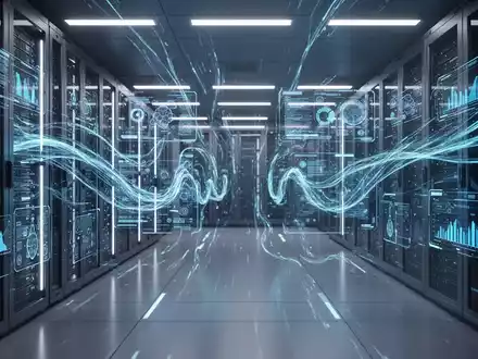 A futuristic server room with blue light, showing digital interfaces monitoring AI hardware and system performance. - Foto: über boerse-global.de
