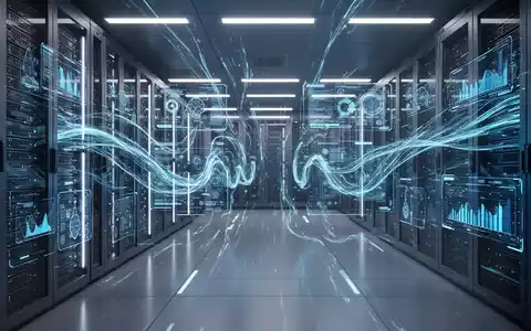 A futuristic server room with blue light, showing digital interfaces monitoring AI hardware and system performance. - Foto: über boerse-global.de