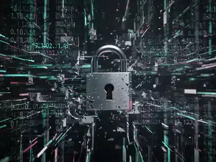 Digital illustration showing abstract data streams, security locks, and fragmented elements, symbolizing software updates and system errors. - Foto: über boerse-global.de